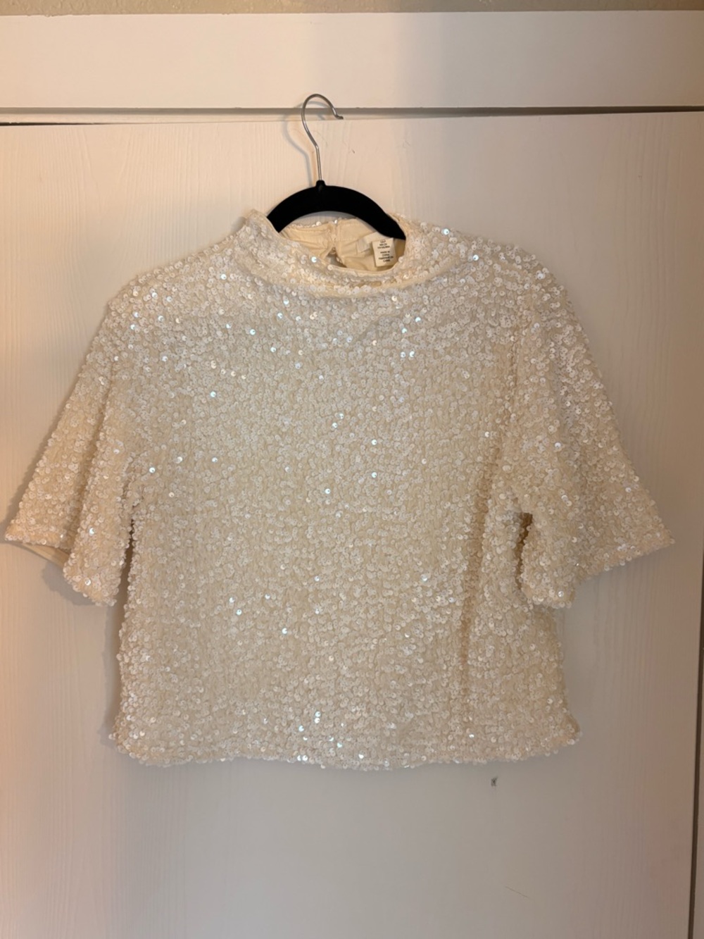 Sequin Short Sleeve Top - White